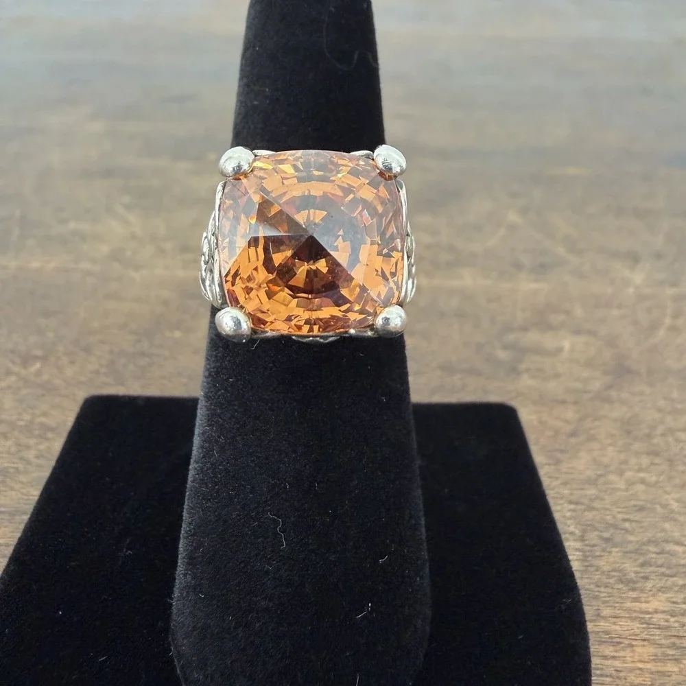 VTG Filigree Sterling Silver 925 Estate Ring Lg.  Peach Cushion Cut Ring Sz 5.75